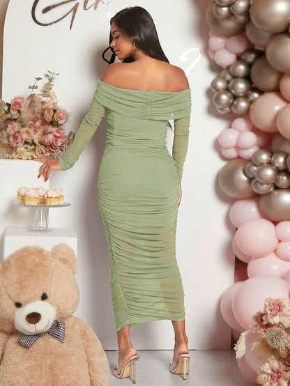 Maternity Solid Ruched Off Shoulder Long Sleeve Bodycon Dress for Baby Shower Green