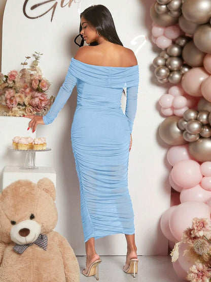 Maternity Solid Ruched Off Shoulder Long Sleeve Bodycon Dress for Baby Shower Green