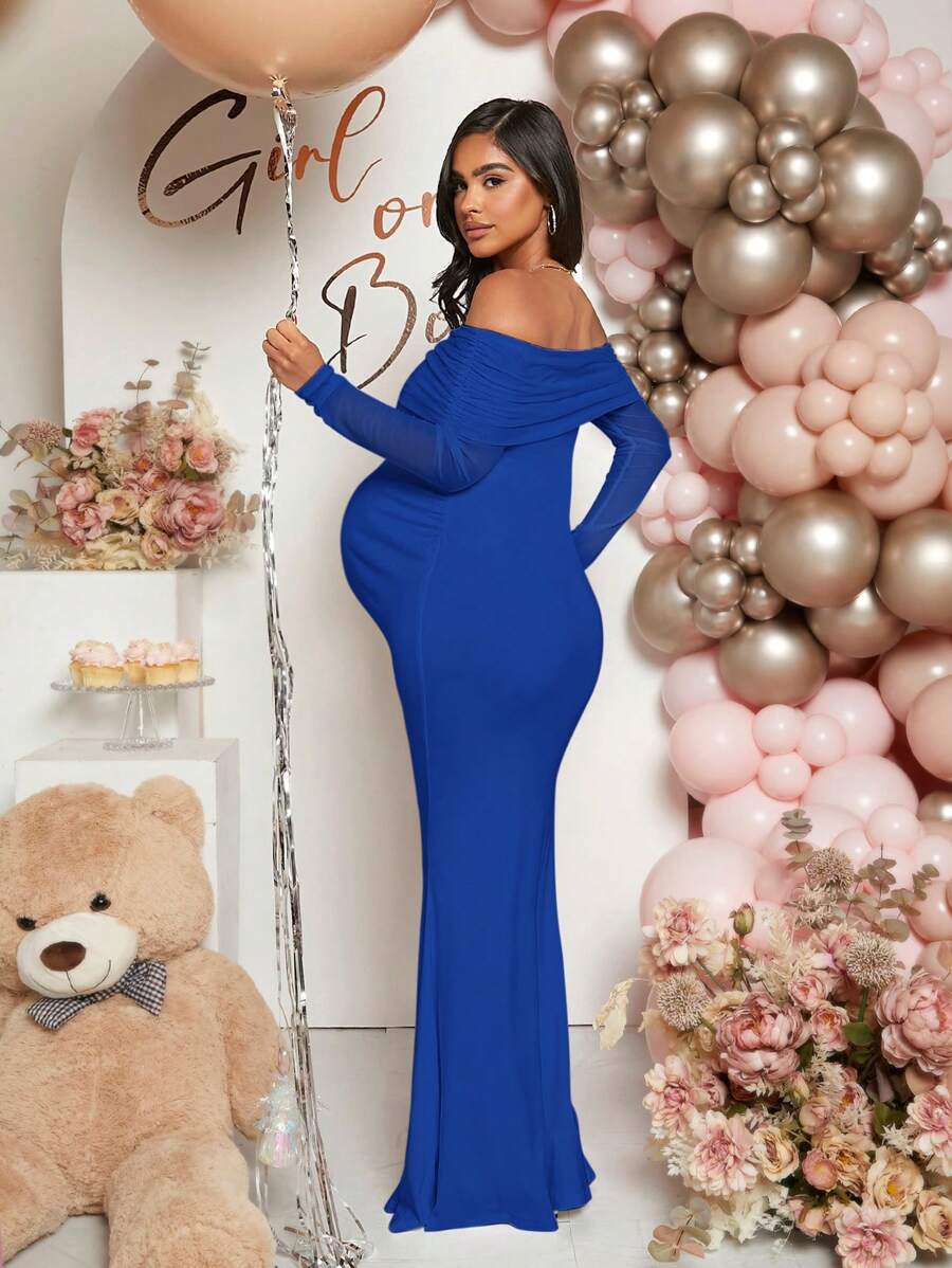 Pregnant Women Off-Shoulder Fishtail Baby Shower Long Sleeve Dress For Maternity