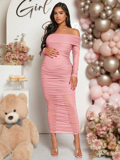 Maternity Solid Ruched Off Shoulder Long Sleeve Bodycon Dress for Baby Shower Green