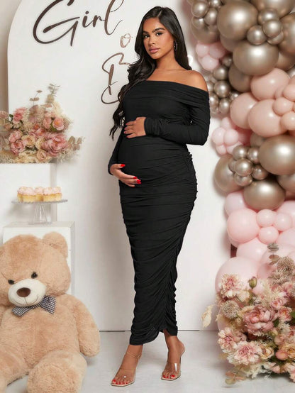 Maternity Solid Ruched Off Shoulder Long Sleeve Bodycon Dress for Baby Shower Green