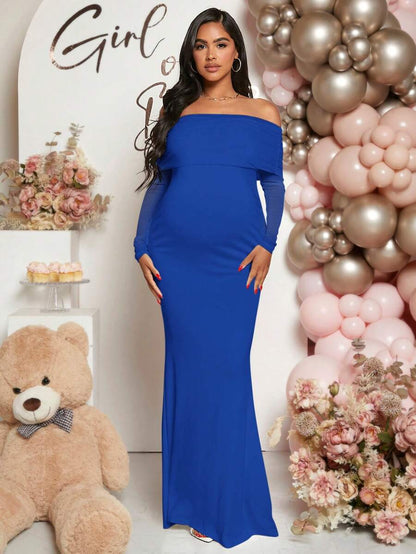 Pregnant Women Off-Shoulder Fishtail Baby Shower Long Sleeve Dress For Maternity