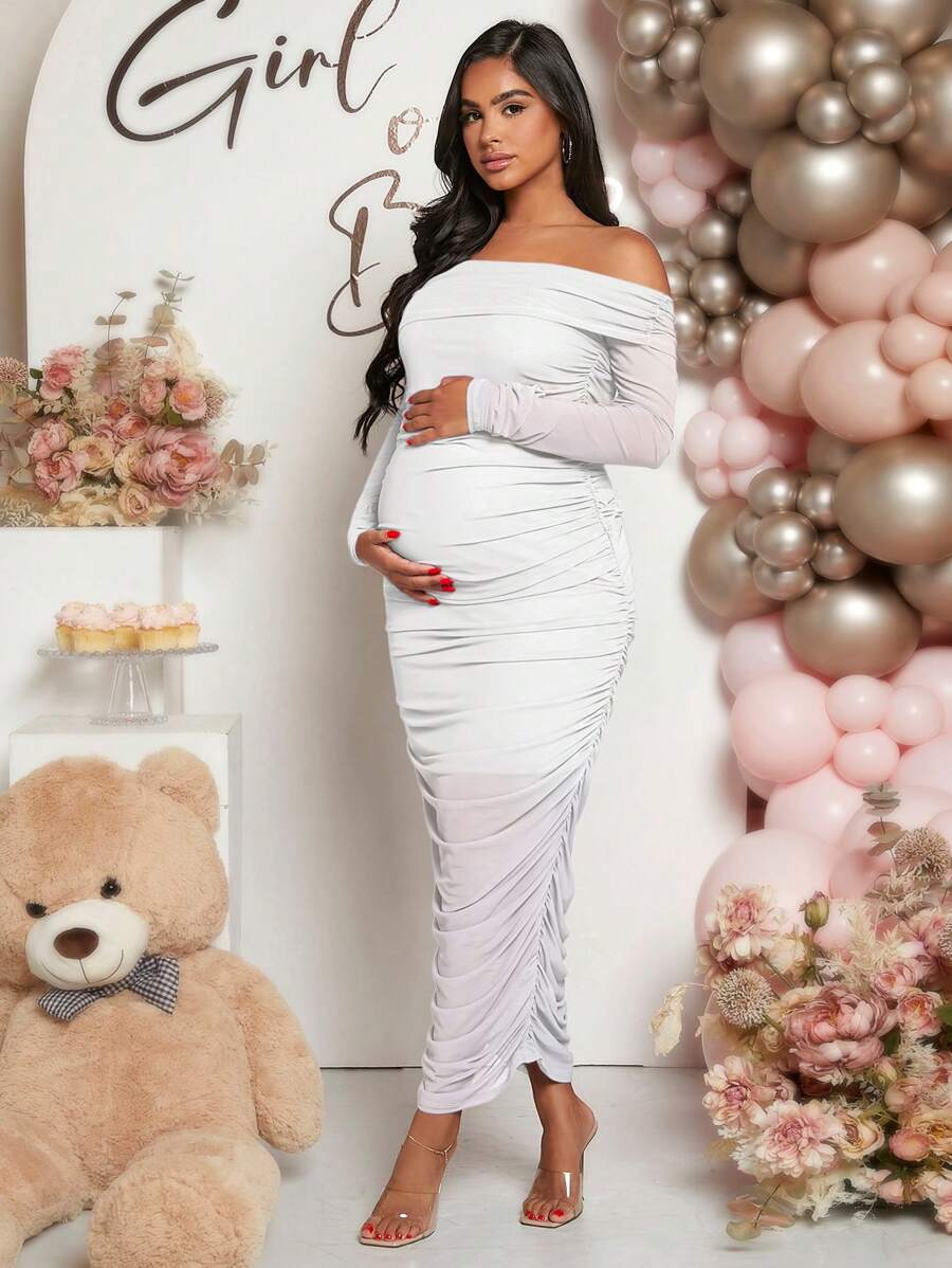 Maternity Solid Ruched Off Shoulder Long Sleeve Bodycon Dress for Baby Shower Green