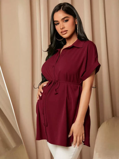Maternity Batwing Sleeve Belted Shirt - Asymmetrical Button Down Maternity Blouse for Daily Office Wear