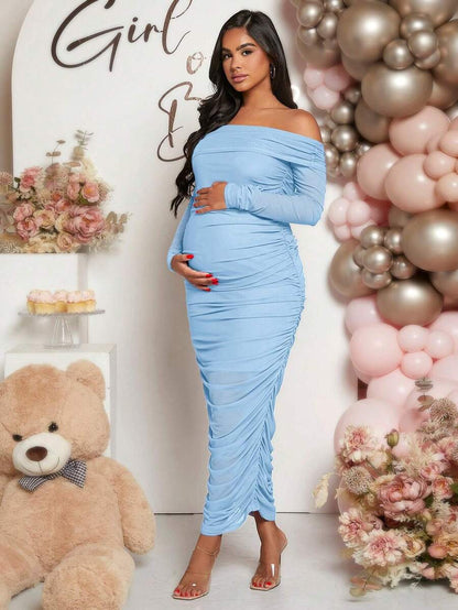 Maternity Solid Ruched Off Shoulder Long Sleeve Bodycon Dress for Baby Shower Green