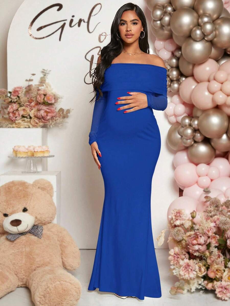 Pregnant Women Off-Shoulder Fishtail Baby Shower Long Sleeve Dress For Maternity