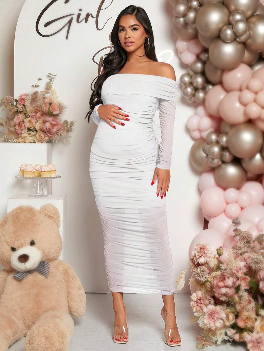Maternity Solid Ruched Off Shoulder Long Sleeve Bodycon Dress for Baby Shower Green