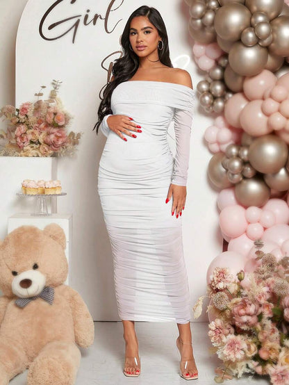 Maternity Solid Ruched Off Shoulder Long Sleeve Bodycon Dress for Baby Shower Green