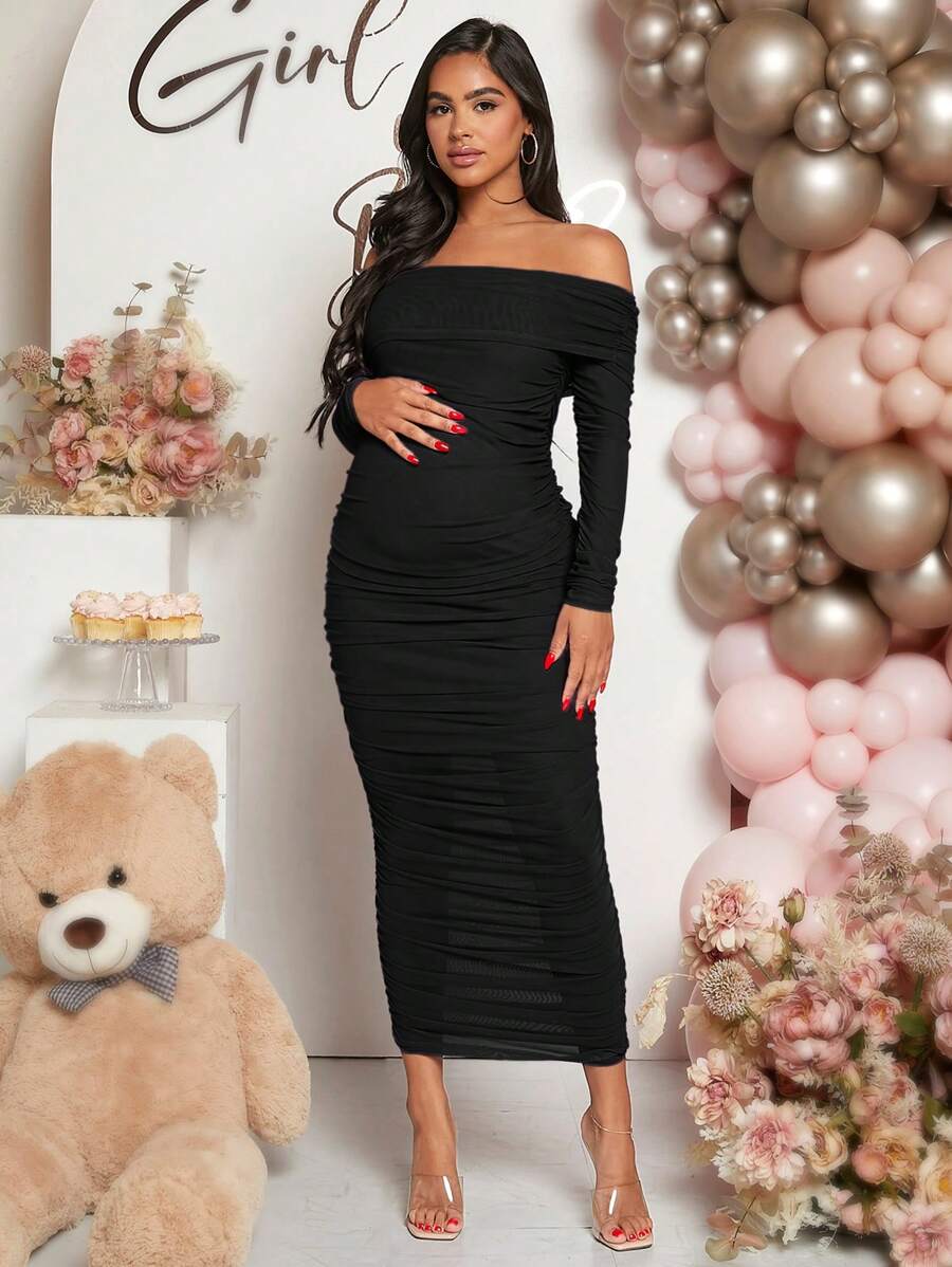 Maternity Solid Ruched Off Shoulder Long Sleeve Bodycon Dress for Baby Shower Green