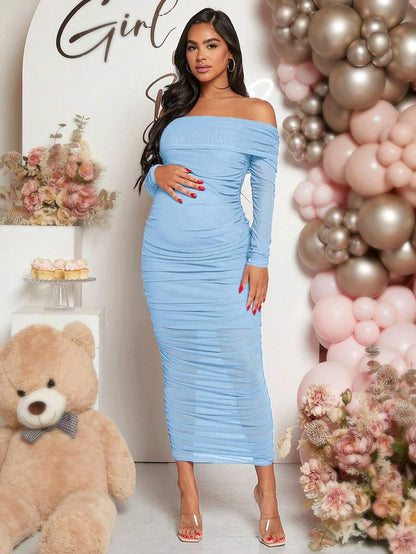 Maternity Solid Ruched Off Shoulder Long Sleeve Bodycon Dress for Baby Shower Green