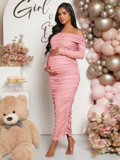 Maternity Solid Ruched Off Shoulder Long Sleeve Bodycon Dress for Baby Shower Green