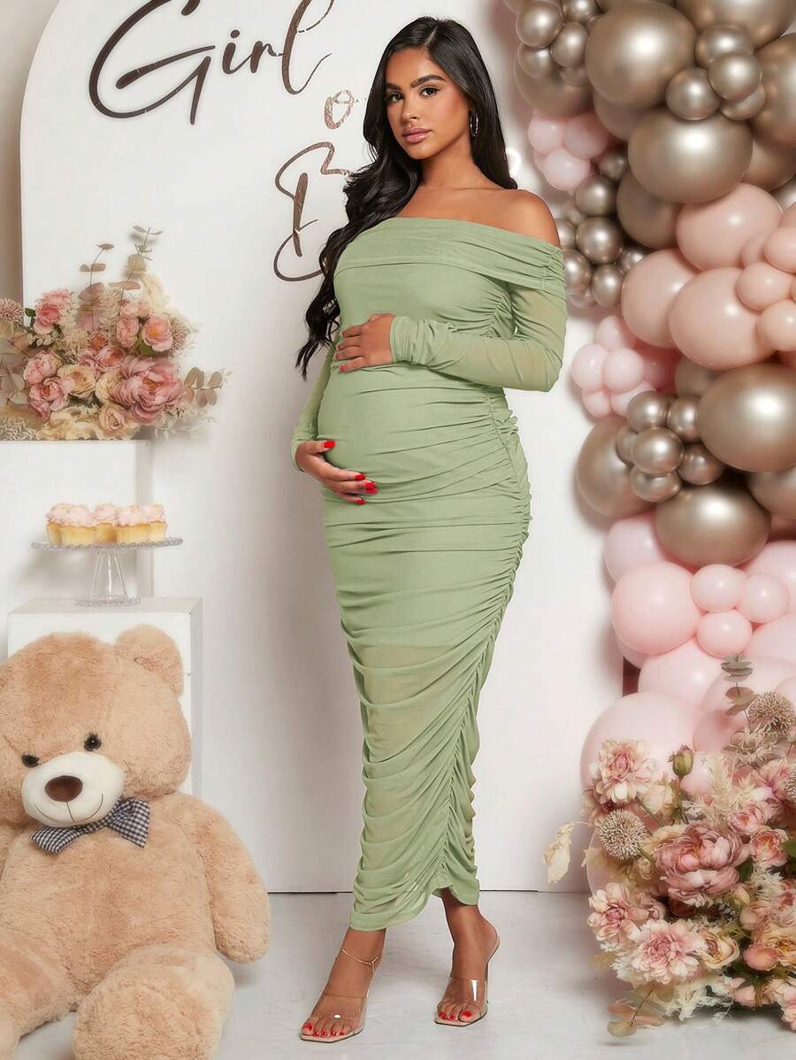 Maternity Solid Ruched Off Shoulder Long Sleeve Bodycon Dress for Baby Shower Green