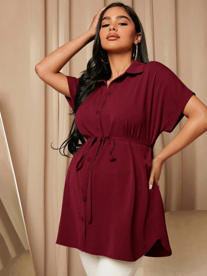 Maternity Batwing Sleeve Belted Shirt - Asymmetrical Button Down Maternity Blouse for Daily Office Wear