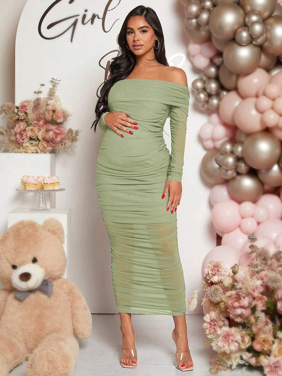 Maternity Solid Ruched Off Shoulder Long Sleeve Bodycon Dress for Baby Shower Green