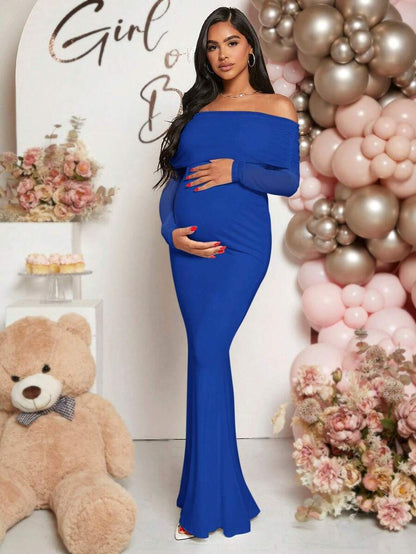 Pregnant Women Off-Shoulder Fishtail Baby Shower Long Sleeve Dress For Maternity