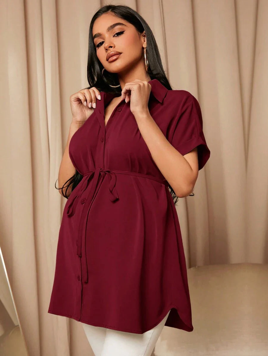 Maternity Batwing Sleeve Belted Shirt - Asymmetrical Button Down Maternity Blouse for Daily Office Wear