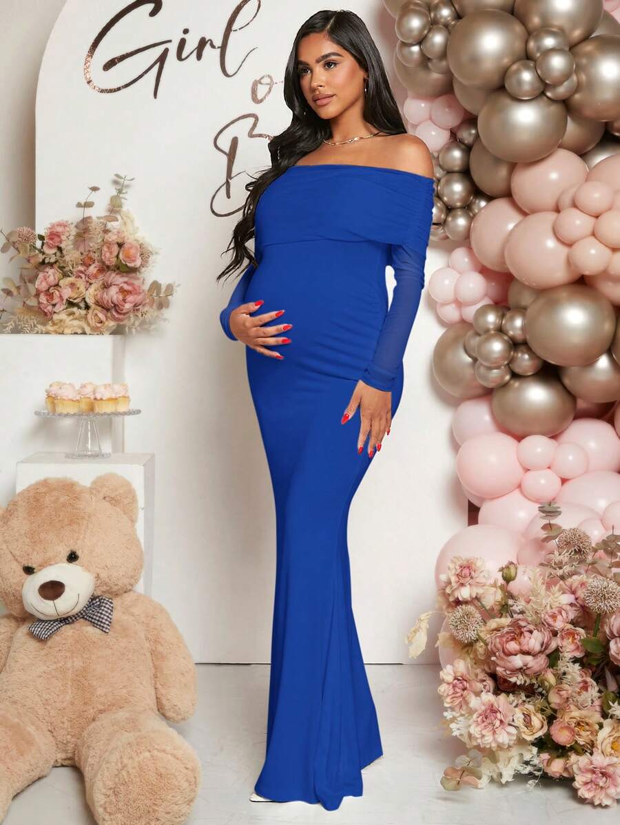 Maternity Off Shoulder Ruched Hem Dress Solid Color Slim Fit Pregnancy Gown for Baby Shower Gender Reveal Party Wedding Guest Summer