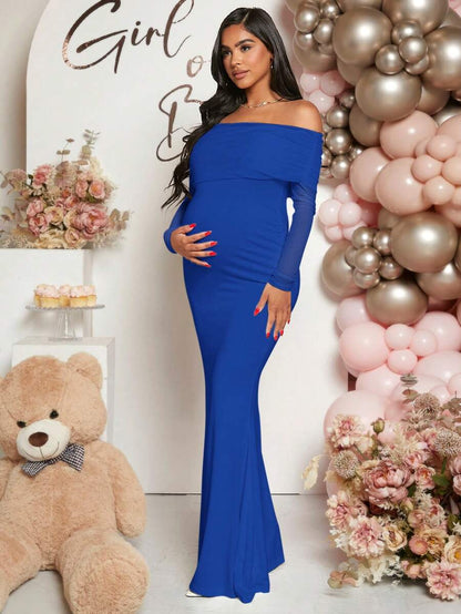 Maternity Off Shoulder Ruched Hem Dress Solid Color Slim Fit Pregnancy Gown for Baby Shower Gender Reveal Party Wedding Guest Summer