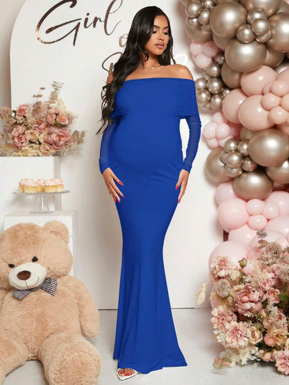 Pregnant Women Off-Shoulder Fishtail Baby Shower Long Sleeve Dress For Maternity