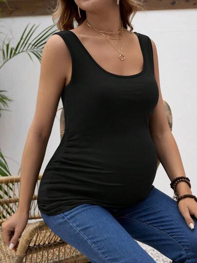 Maternity Sleeveless Tank Top with Scoop Neck and Pleated Ruched Detail Skin-Friendly Cotton Knitted Maternity Shirt in Black