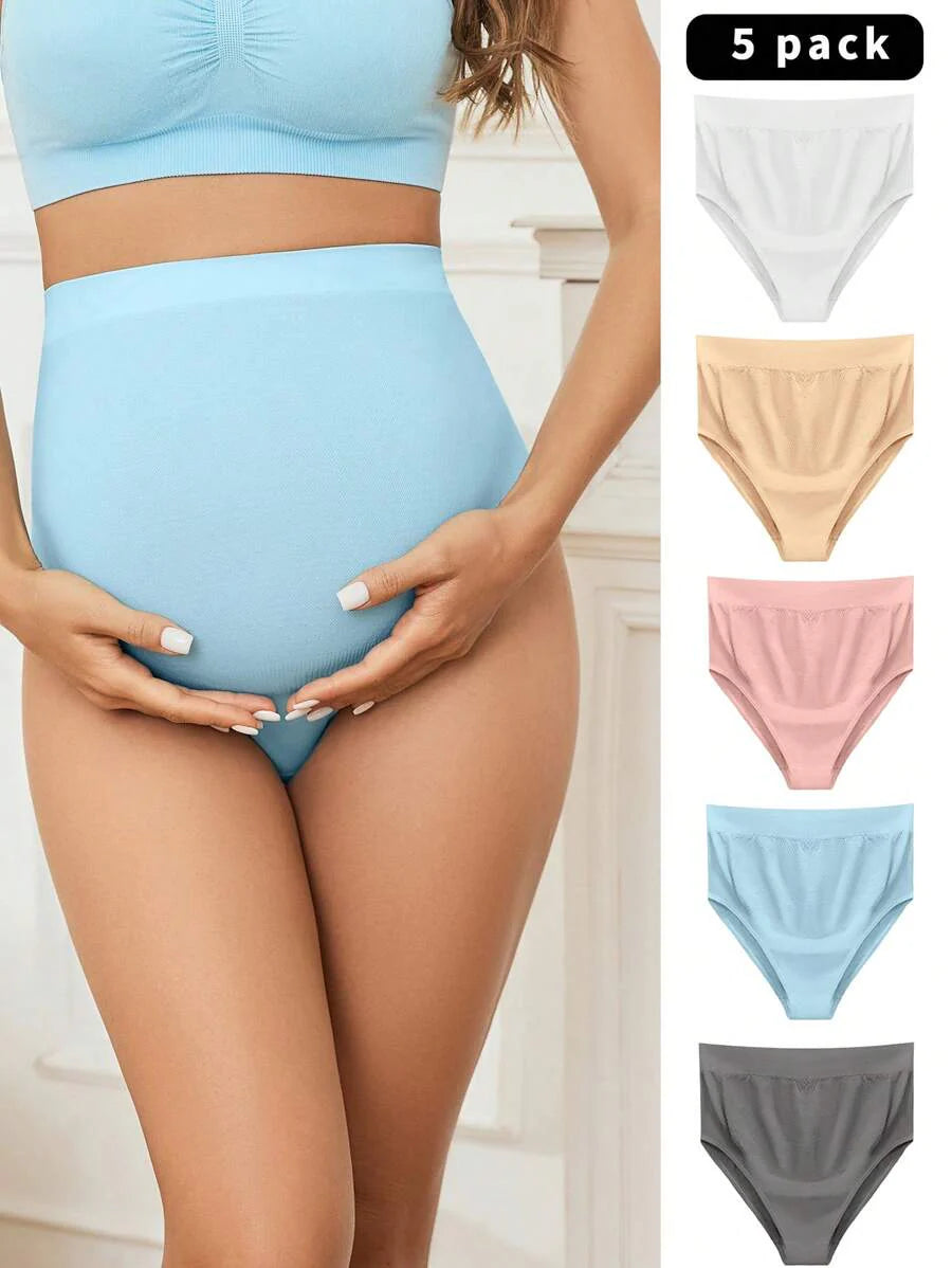 Maternity Seamless Briefs 5 Pack - Solid Color Soft Stretch Comfortable High Waist, Pregnancy