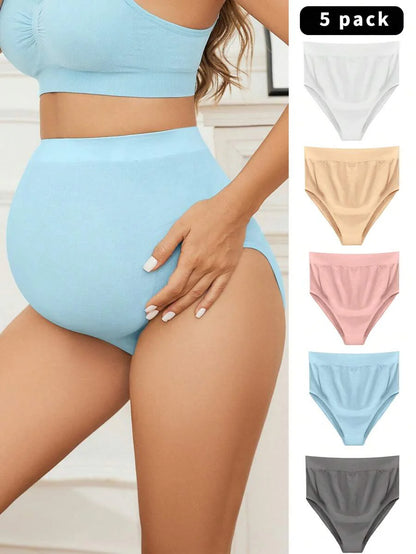 Maternity Plain Comfortable Panties Pack of 5 Soft Stretch High Waist Pregnancy Underwear for Mothers