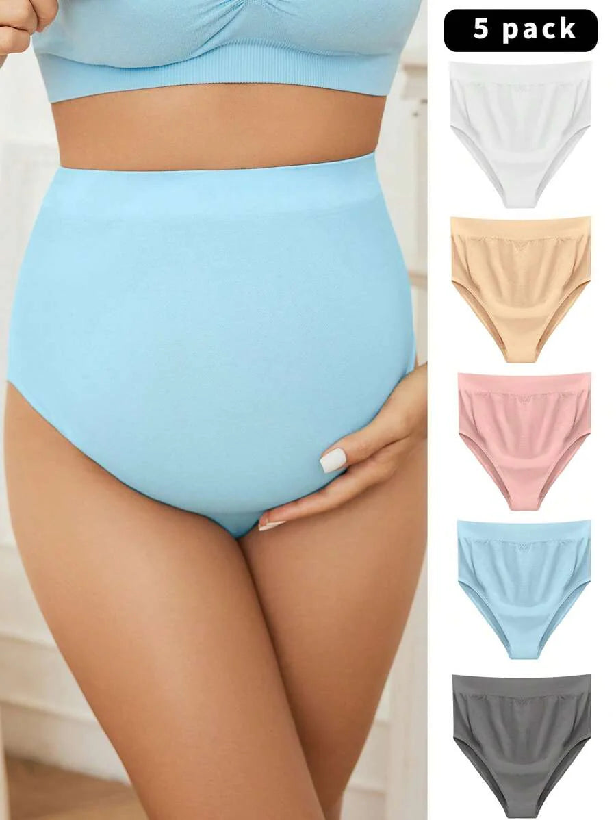 Maternity Seamless Briefs 5 Pack - Solid Color Soft Stretch Comfortable High Waist, Pregnancy