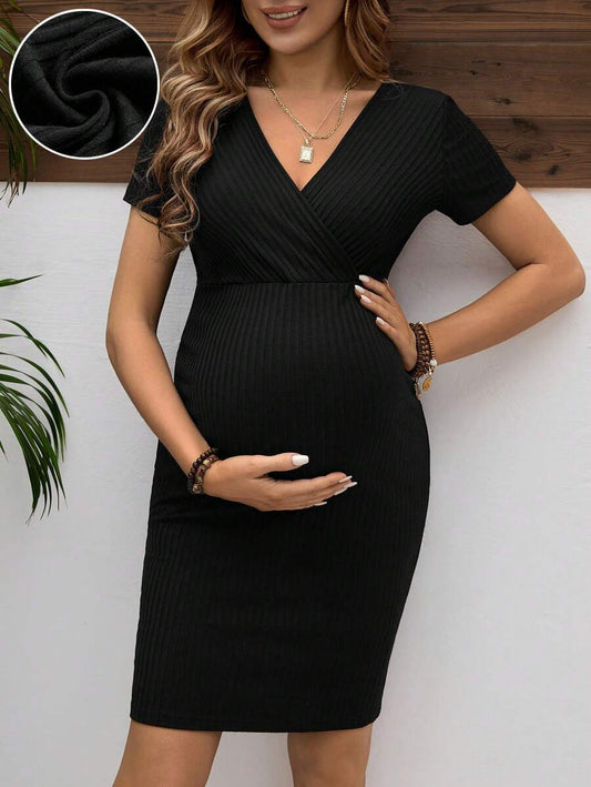 Maternity Wrap V Neck Short Sleeve Dress Slim Fit High Waist Bodycon Pencil Dress for Daily Wear