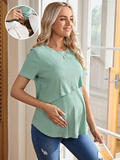 Army Green Nursing Top - Asymmetrical Loose Fit Cotton Short Sleeve Maternity T-Shirt with High Stretch