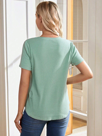 Army Green Nursing Top - Asymmetrical Loose Fit Cotton Short Sleeve Maternity T-Shirt with High Stretch