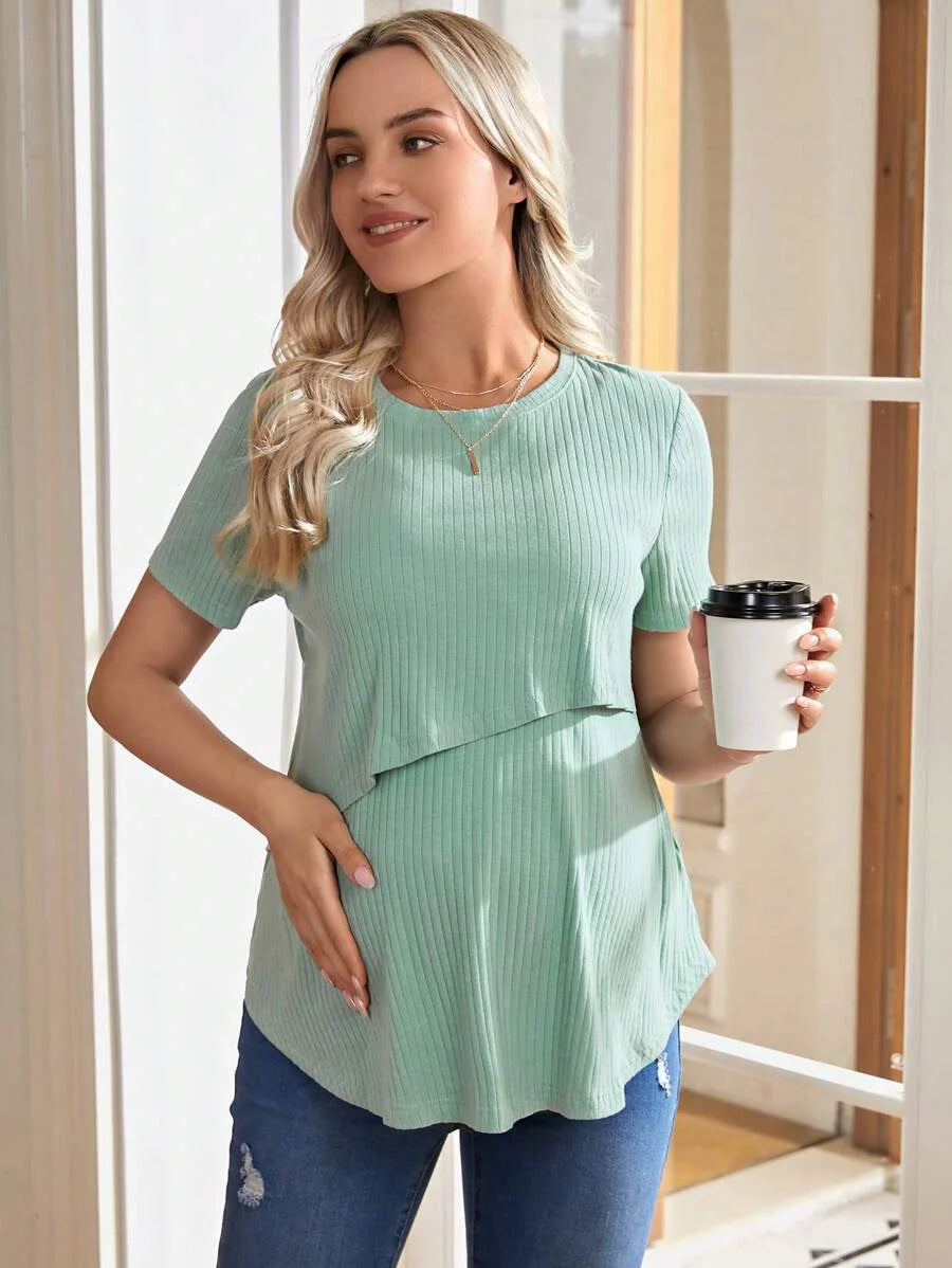 Army Green Nursing Top - Asymmetrical Loose Fit Cotton Short Sleeve Maternity T-Shirt with High Stretch