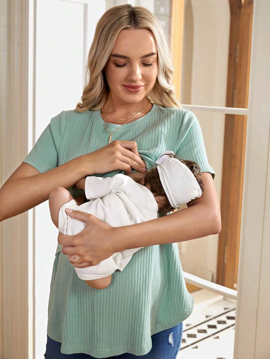 Maternity and Nursing Solid Blue Short Sleeve Top Loose Fit Rib-Knit High Stretch Round Neck Cotton Pregnancy Shirt