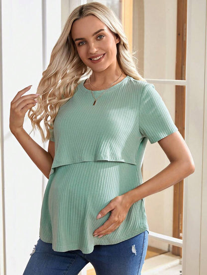 Maternity and Nursing Solid Blue Short Sleeve Top Loose Fit Rib-Knit High Stretch Round Neck Cotton Pregnancy Shirt