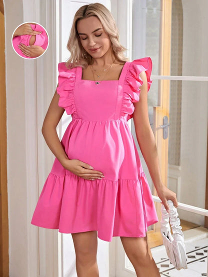 Blue and White Plaid Cherry Print Maternity Dress with Square Neck Ruffle Trim Flounce Cap Sleeve Slim Fit Summer Beach Mini Dress
