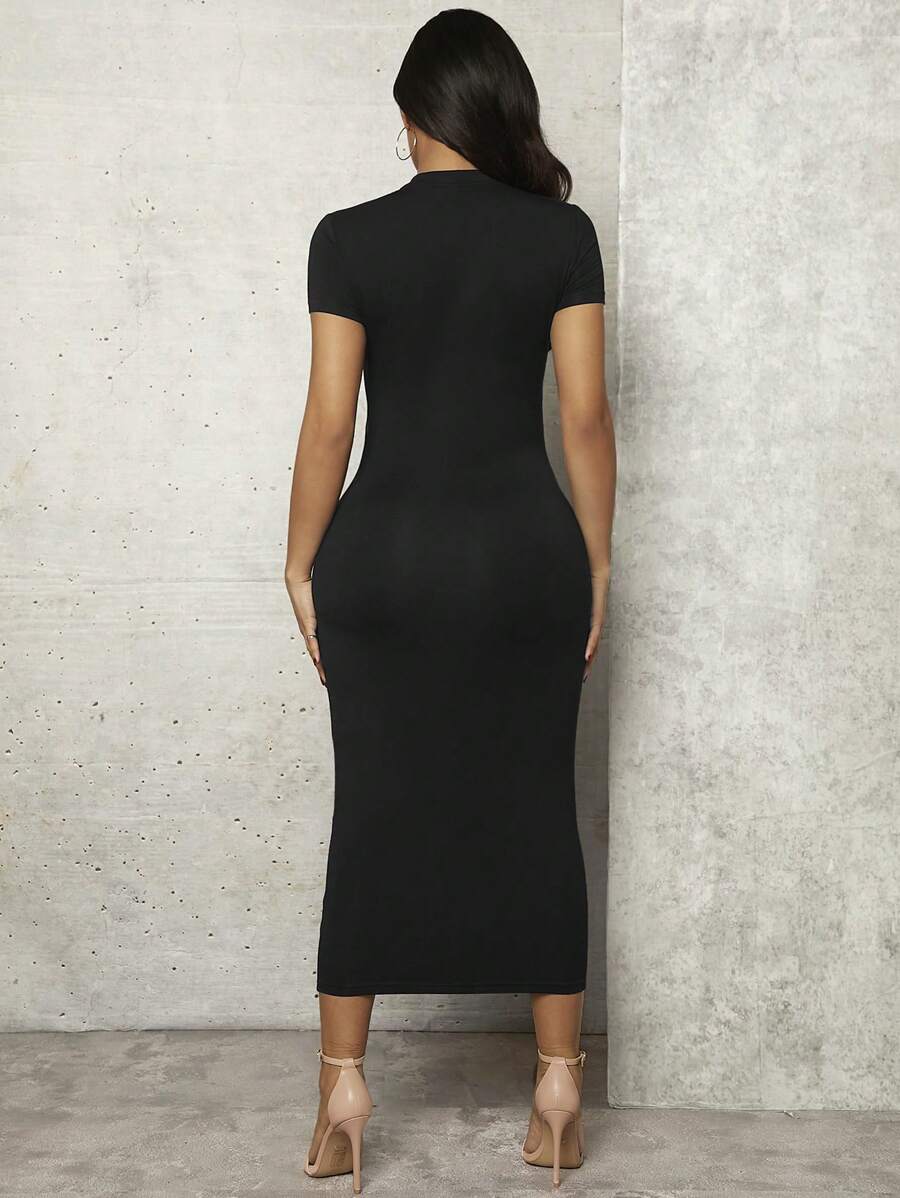 Maternity Sexy Black Bodycon Midi Dress Stand Collar Short Sleeve Split Pencil Dress for Elegant Daily Wear