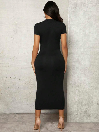 Maternity Sexy Black Bodycon Midi Dress Stand Collar Short Sleeve Split Pencil Dress for Elegant Daily Wear