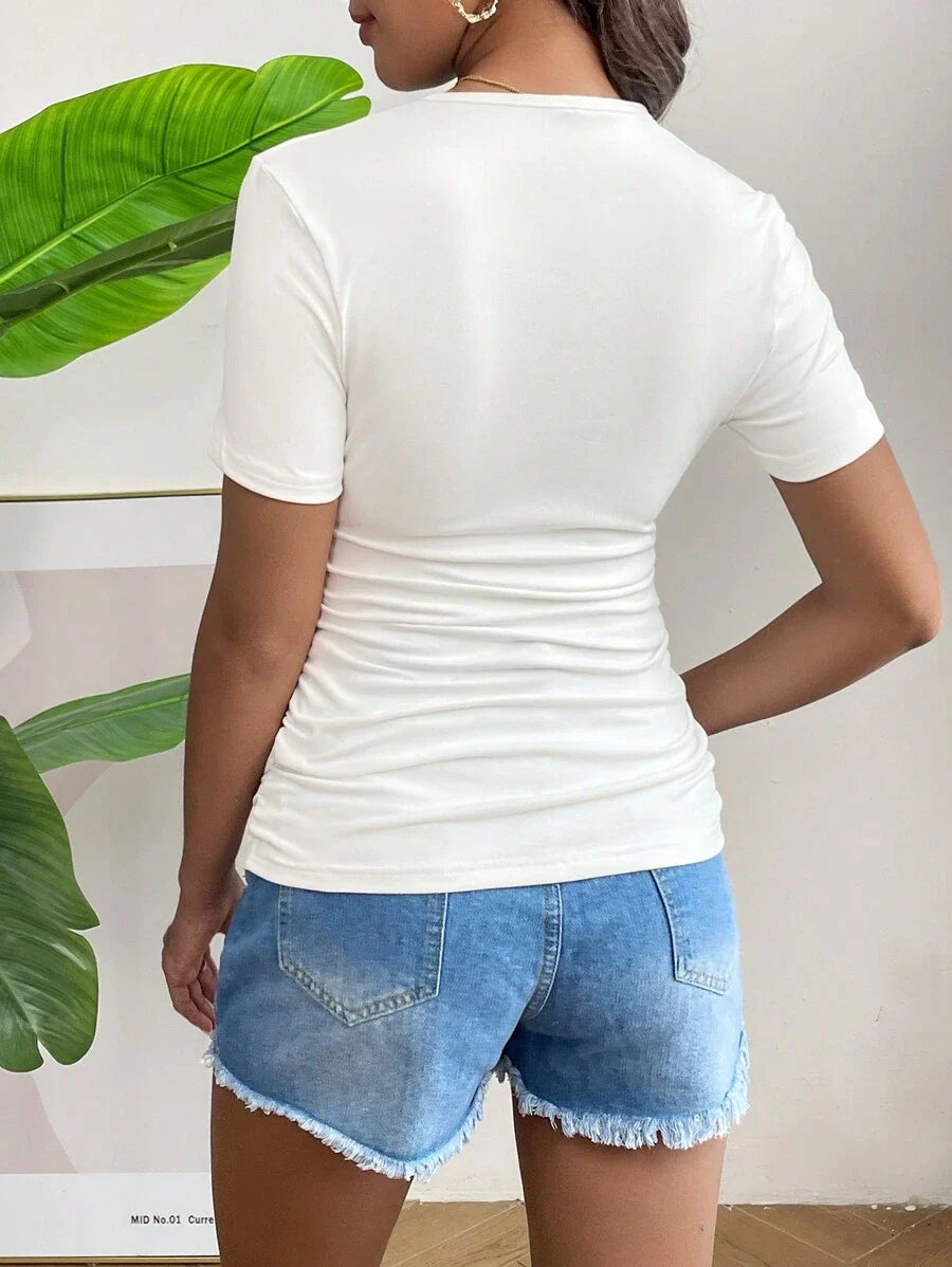Maternity Round Neck Short Sleeve T-Shirt - Ruched, Slim Fit, White