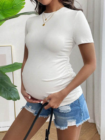 Maternity T-Shirt - Solid Color Ruched Round Neck Short Sleeve Casual Summer, Pregnancy Stretch