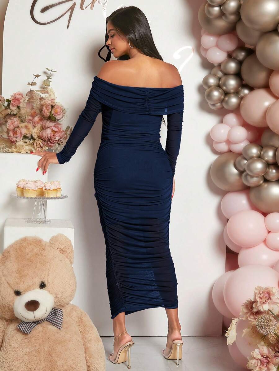 Maternity Solid Ruched Off Shoulder Long Sleeve Bodycon Dress for Baby Shower Green