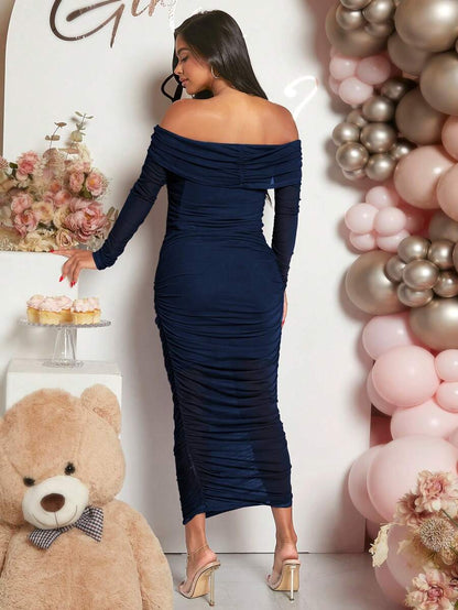 Maternity Solid Ruched Off Shoulder Long Sleeve Bodycon Dress for Baby Shower Green