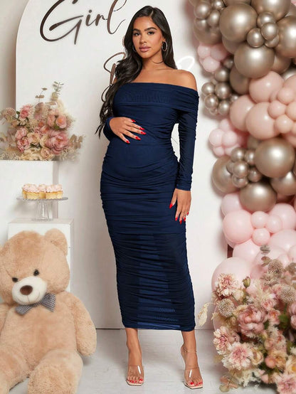 Maternity Solid Ruched Off Shoulder Long Sleeve Bodycon Dress for Baby Shower Green