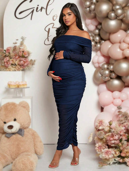 Maternity Solid Ruched Off Shoulder Long Sleeve Bodycon Dress for Baby Shower Green