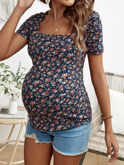 Maternity Floral Fitted Square Neck Short Sleeve T-Shirt For Active Vacation