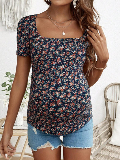 Maternity Floral Fitted Square Neck Short Sleeve T-Shirt For Active Vacation