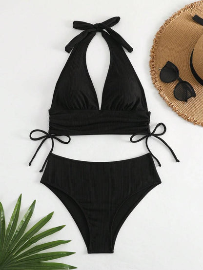 Swim Vcay Bathing Suits Women Women Solid Color Textured Drawstring Halter Top And Swim Bottom Bikini Set Bathing Suit, For Summer, Beach, Honeymoon, Travel, Vacation, Swimming Pool Summer Beach