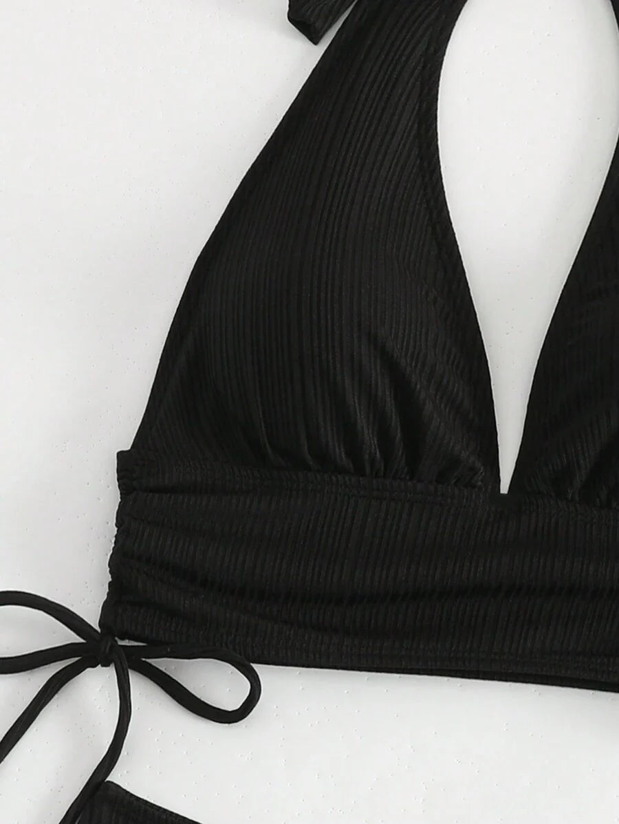 Swim Vcay Bathing Suits Women Women Solid Color Textured Drawstring Halter Top And Swim Bottom Bikini Set Bathing Suit, For Summer, Beach, Honeymoon, Travel, Vacation, Swimming Pool Summer Beach