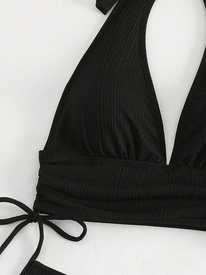 Swim Vcay Bathing Suits Women Women Solid Color Textured Drawstring Halter Top And Swim Bottom Bikini Set Bathing Suit, For Summer, Beach, Honeymoon, Travel, Vacation, Swimming Pool Summer Beach