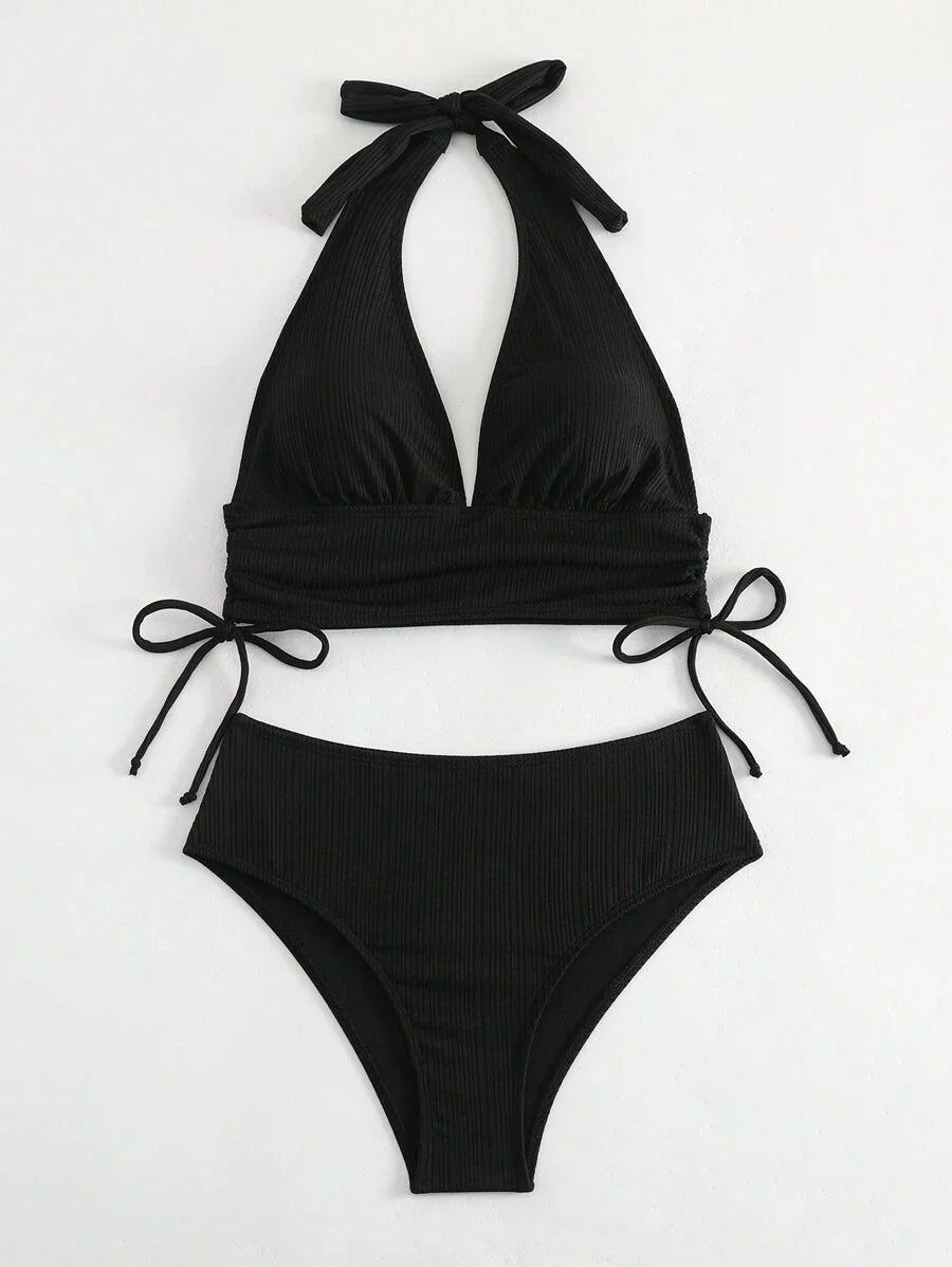 Swim Vcay Bathing Suits Women Women Solid Color Textured Drawstring Halter Top And Swim Bottom Bikini Set Bathing Suit, For Summer, Beach, Honeymoon, Travel, Vacation, Swimming Pool Summer Beach