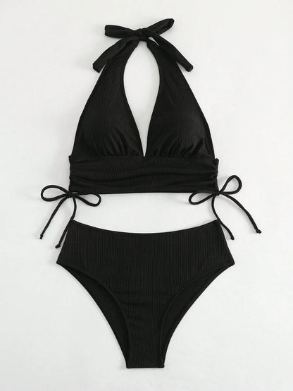 Women's Solid Textured Bikini Set - Halter, Backless, High Waist, Black