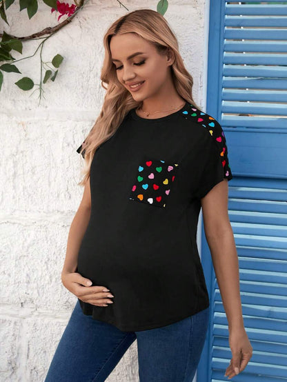 Maternity Heart Printed Patchwork T-Shirt